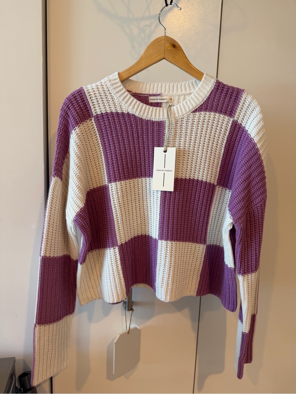 moon & madison Purple and Cream Check Crew Sweater - Picture 1 of 3